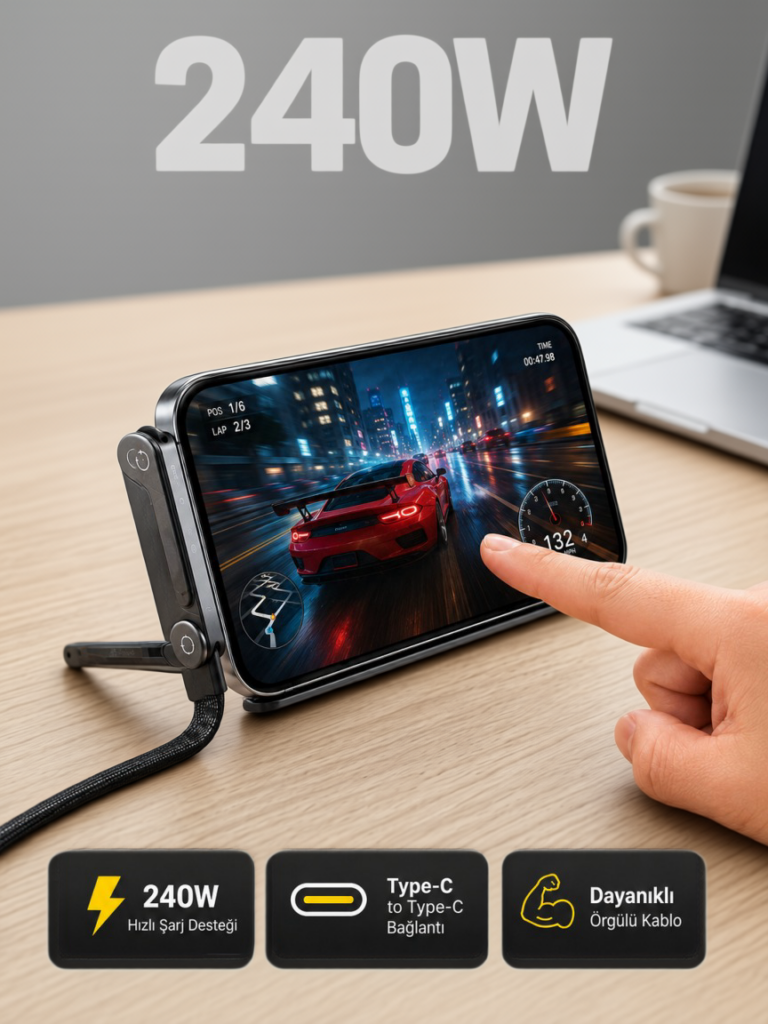 240W Type-C Telefon Standlı Örgülü Şarj ve Data Kablosu