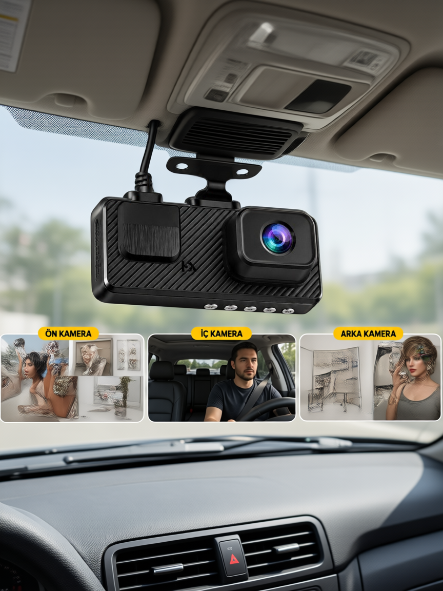 3 Kameralı Araç İçi DVR Kayıt Cihazı Ön İç Arka Kamera Full HD