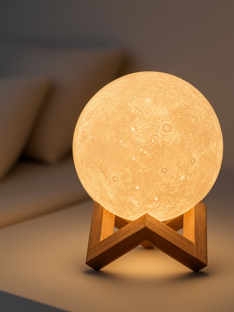 3D Ay Gece Lambası Ahşap Standlı Dekoratif LED Masa Lambası