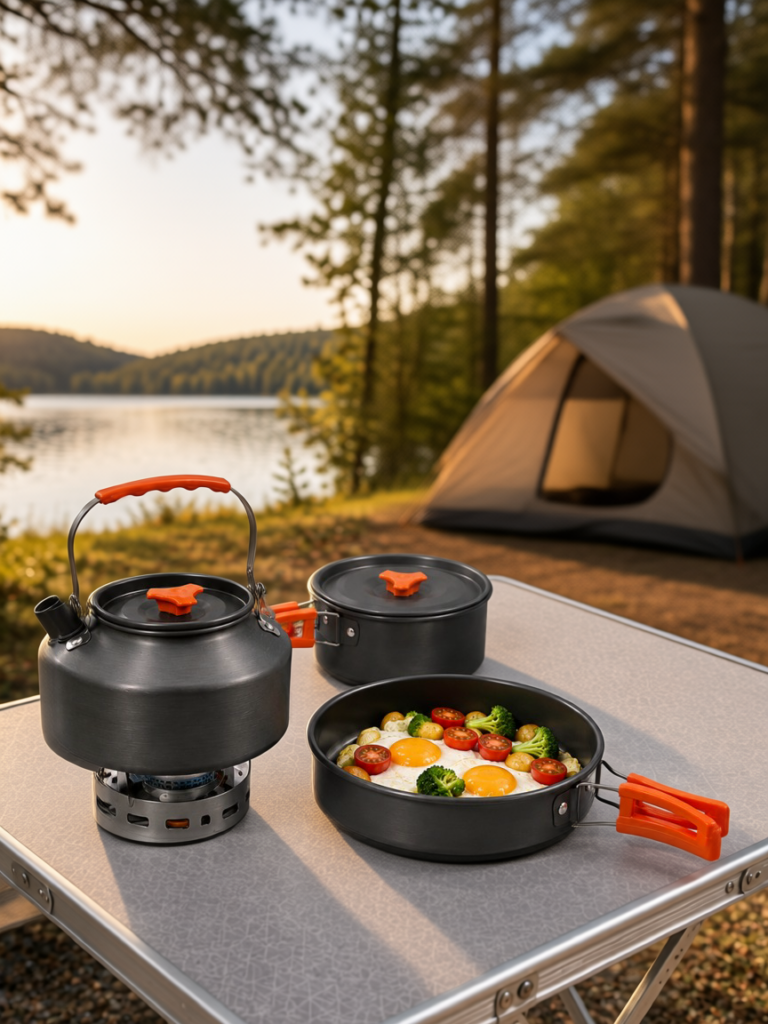 Alüminyum Kamp Pişirme Seti Katlanabilir Kulplu Çaydanlık Tencere Tava Outdoor Yemek Seti