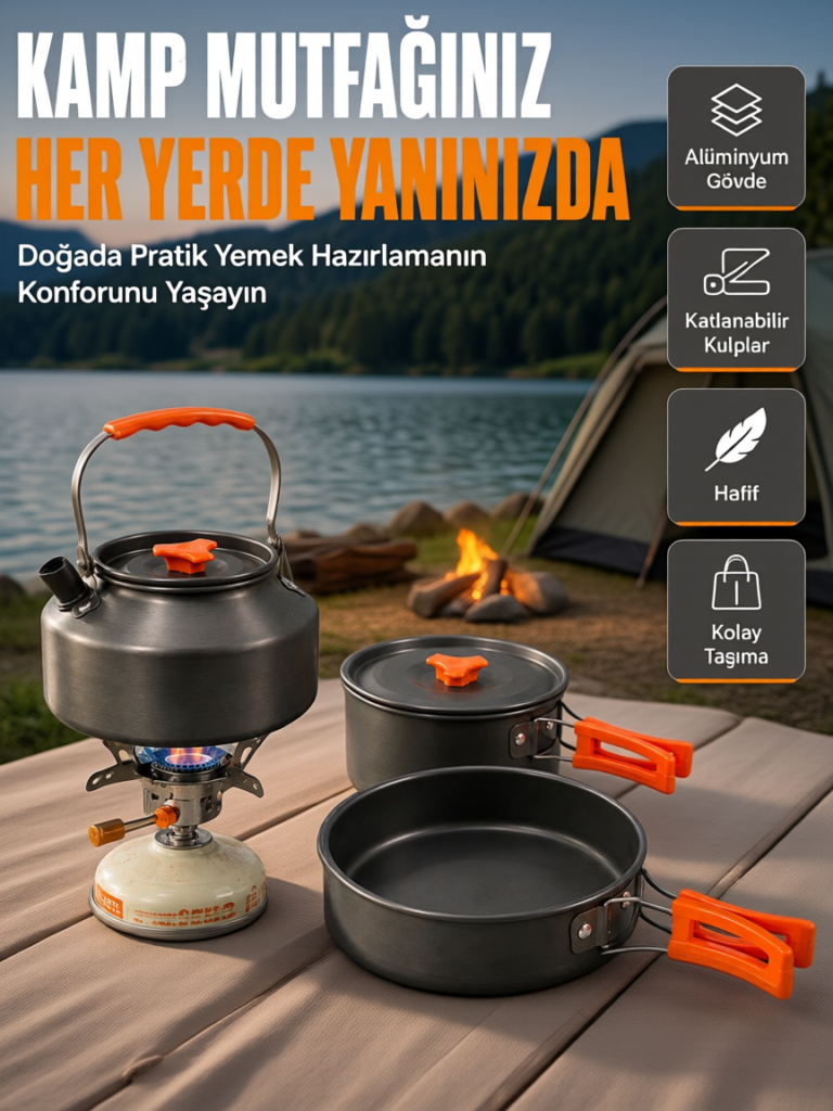 Katlanabilir Kulplu Alüminyum Kamp Tencere Tava Çaydanlık Seti Piknik ve Doğa Kampı İçin