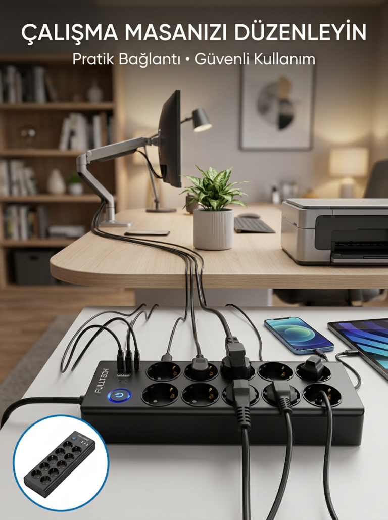 Akım Korumalı 10'lu Çoklu Priz USB-A ve Type-C Şarj Çıkışlı