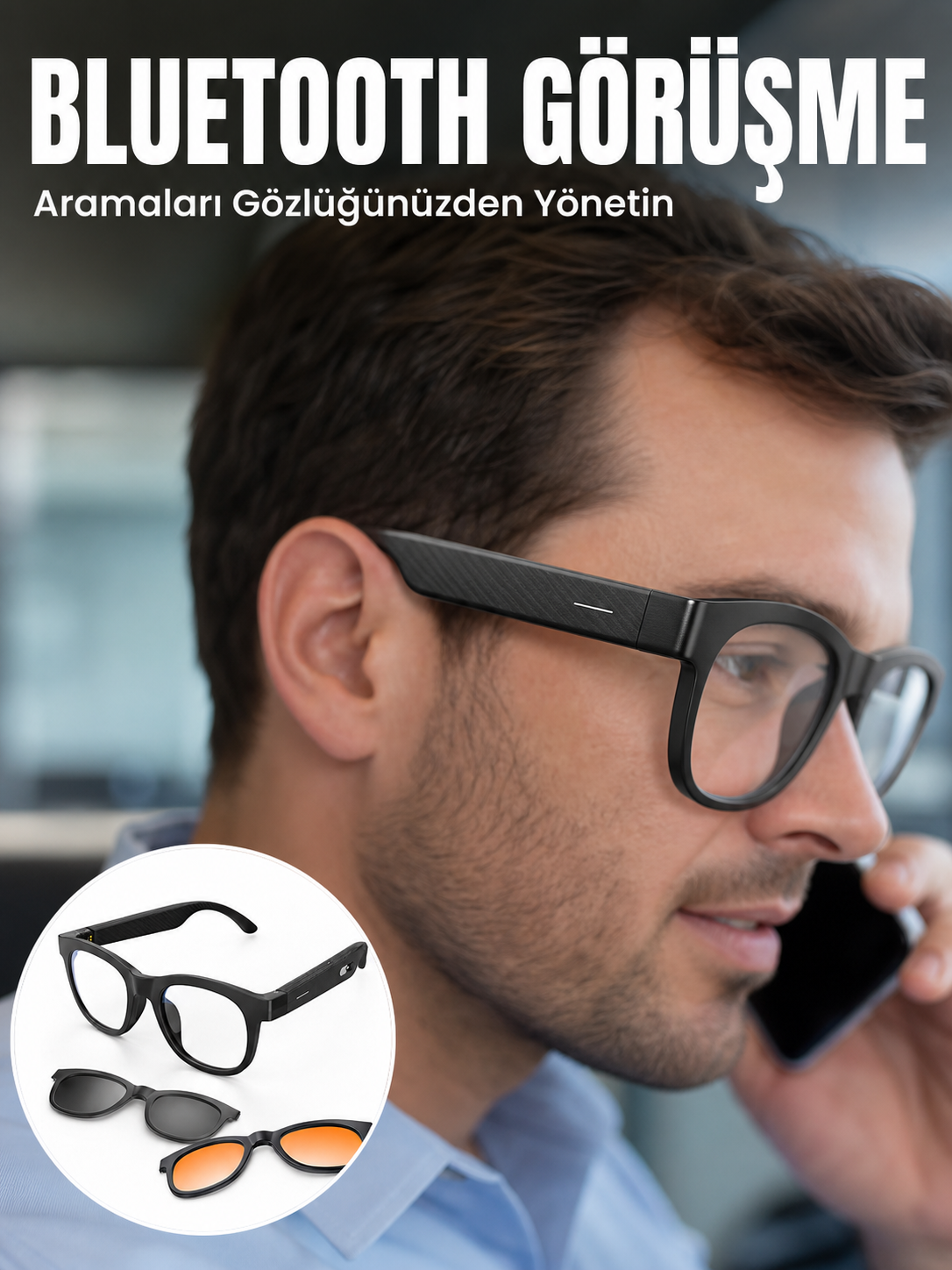 Yapay Zekâ Destekli Kablosuz Akıllı Gözlük Bluetooth Görüşme Müzik Dinleme ve Manyetik Şarj Özellikli