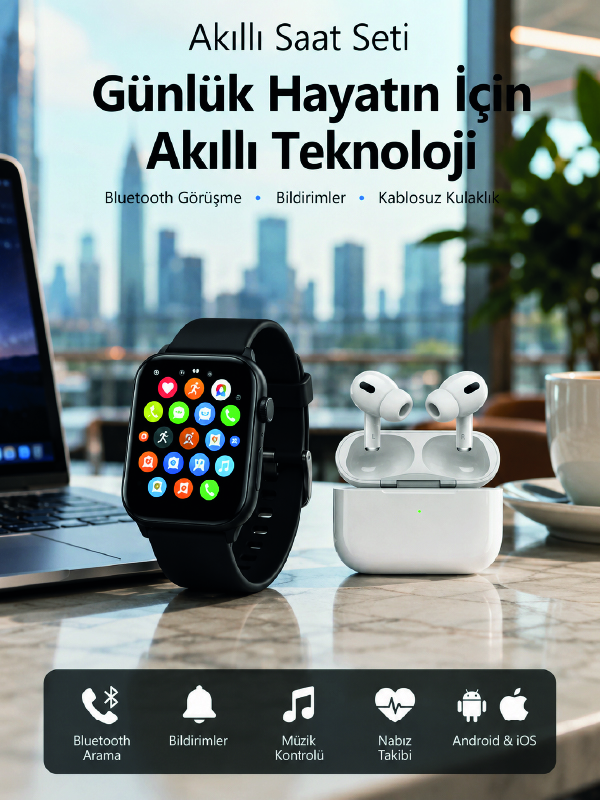 Bluetooth Arama Özellikli Akıllı Saat Seti Kablosuz Kulaklık Hediyeli, Android & iOS Uyumlu