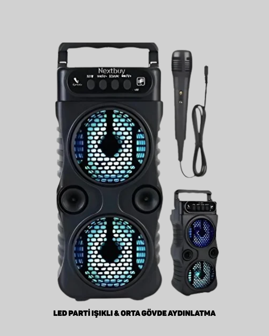 LED Işıklı Bluetoothlu Hoparlör Mikrofonlu Taşınabilir Ses Sistemi
