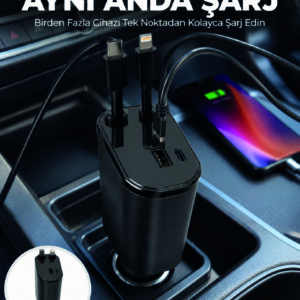 120W Hızlı Şarj Destekli 4'ü 1 Arada Araç Şarj Cihazı Type-C, Lightning, USB ve USB-C Çıkışlı