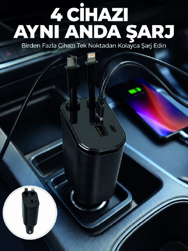 120W Hızlı Şarj Destekli 4'ü 1 Arada Araç Şarj Cihazı Type-C, Lightning, USB ve USB-C Çıkışlı