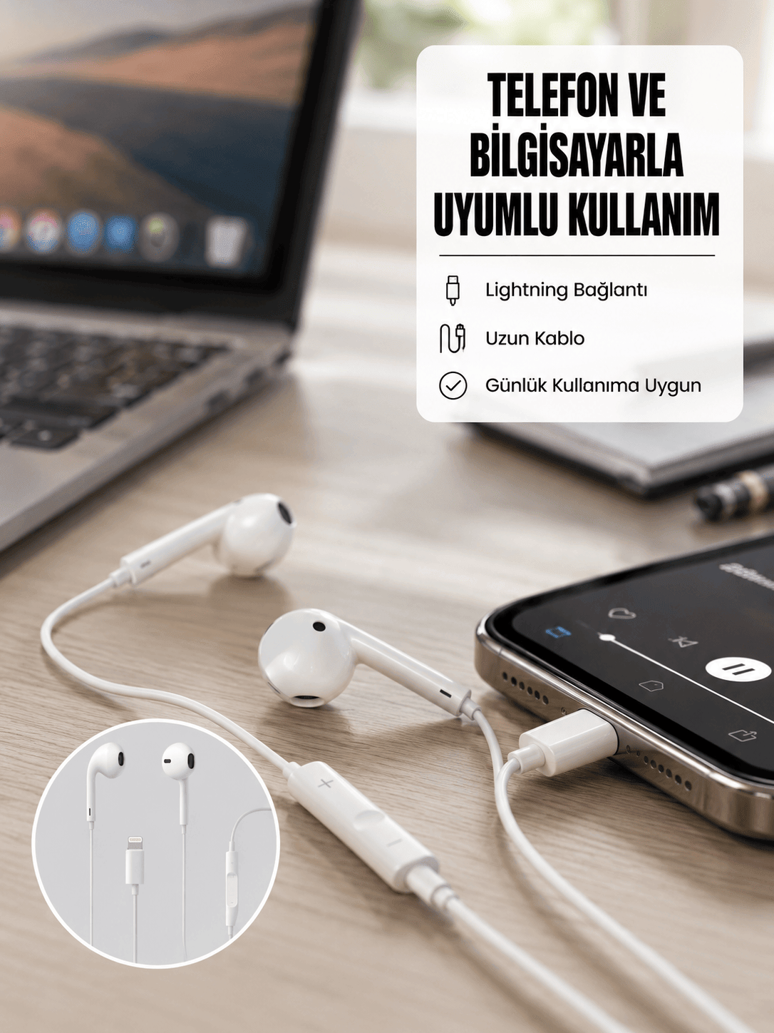 Yüksek Ses Kaliteli Mikrofonlu Kablolu Kulak İçi Kulaklık