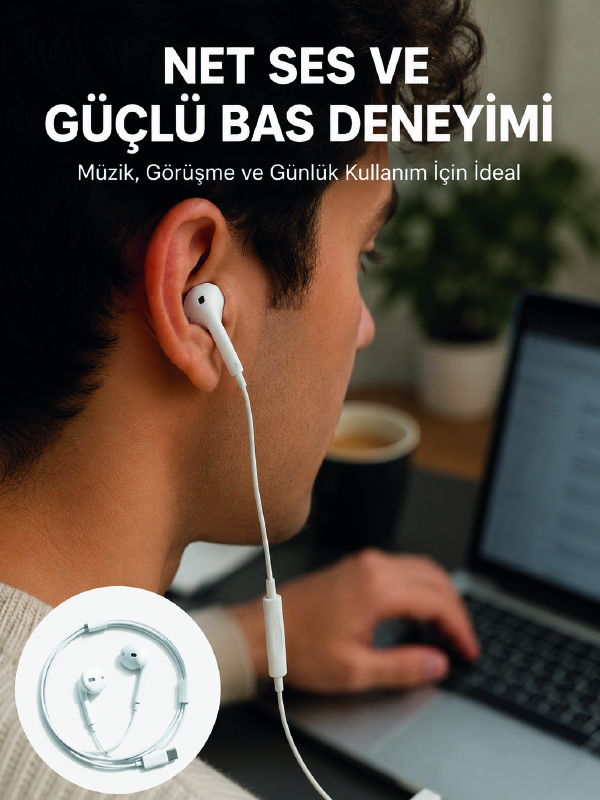 Kablolu Type C Kulak İçi Kulaklık Kristal Netliğinde Ses Kalitesi Yeni Nesil