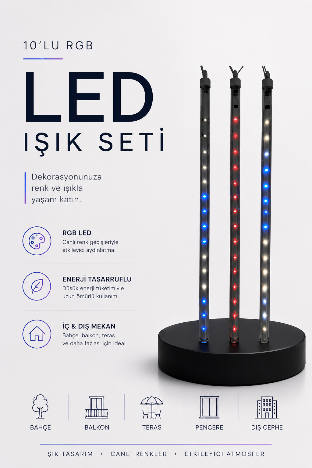 RGB LED Dış Ve İç Mekan Süsleme Işığı 10 Çubuklu Şerit