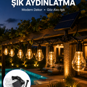 Güneş Enerjili Dış Mekan LED Ampul Işık Zinciri Bahçe ve Teras Dekorasyonu