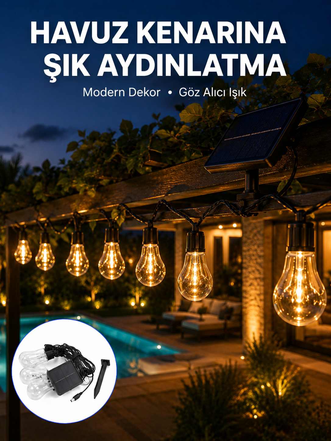 Güneş Enerjili Dış Mekan LED Ampul Işık Zinciri Bahçe ve Teras Dekorasyonu