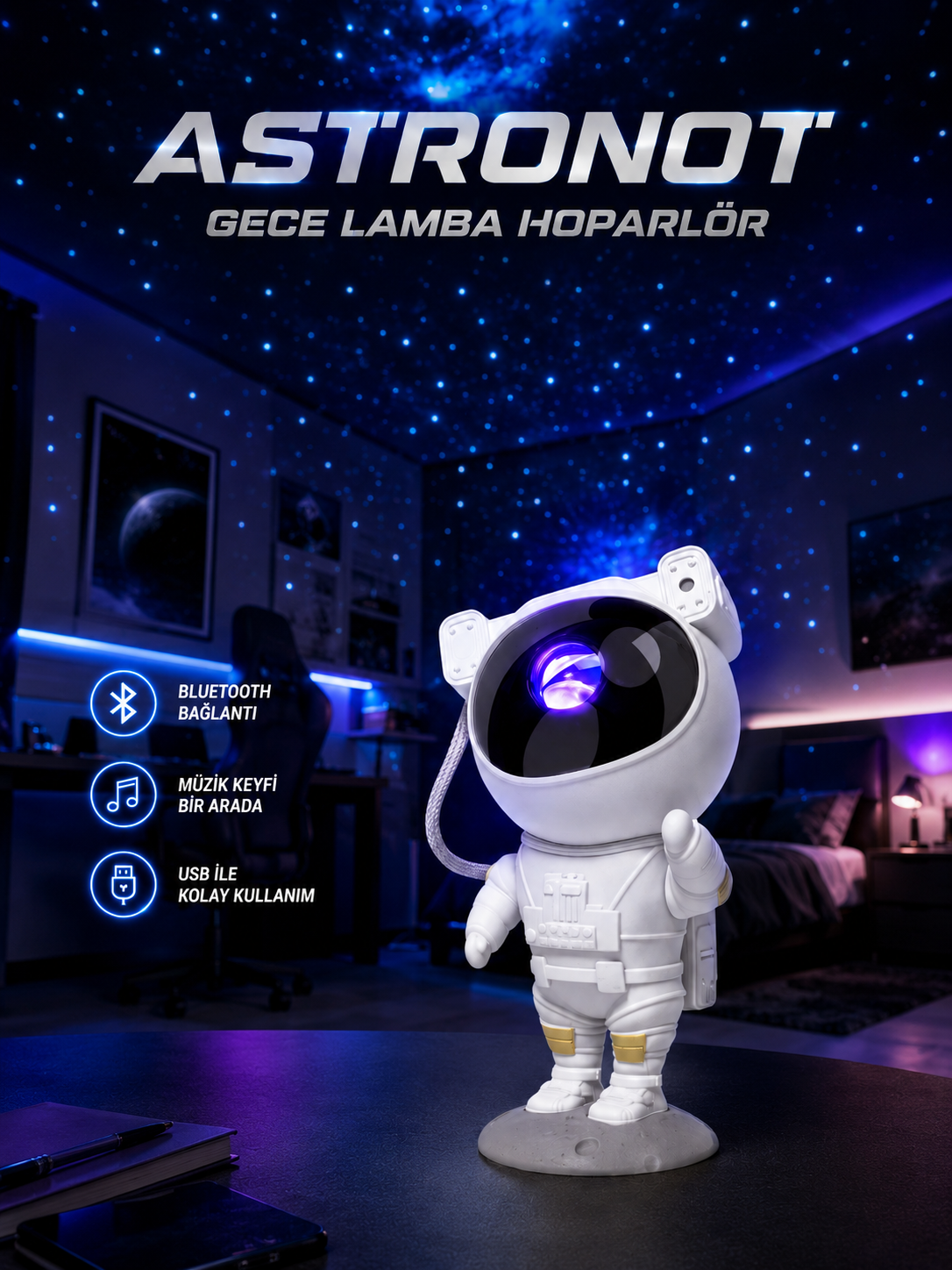 Projeksiyon Astronot Lamba Speaker Sevimli Astronot Bluetooth Hoparlör Yeni Nesil