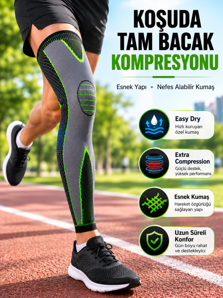 Ergonomik Uzun Spor Dizliği Esnek Kumaşlı Tam Boy Kompresyon Desteği