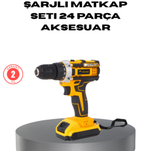 Çift Bataryalı Darbeli Şarjlı Matkap Seti – Metal Dişli, 24 Parça Aksesuar ve LED Işıklı