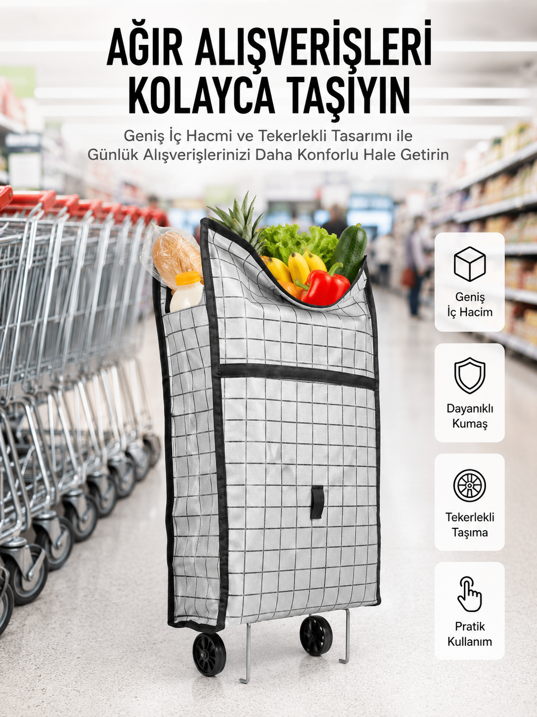 Geniş Hacimli Tekerlekli Pazar Çantası Dayanıklı ve Ergonomik