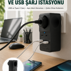 Isıya Dayanıklı PC Gövdeli Akım Korumalı Priz 4 USB Yeni Nesil