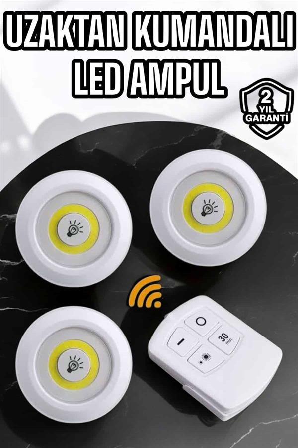 Spot Lamba Led Işık 3'lü Uzaktan Kumandalı Pilli Yapışkanlı Kablosuz Yeni Nesil