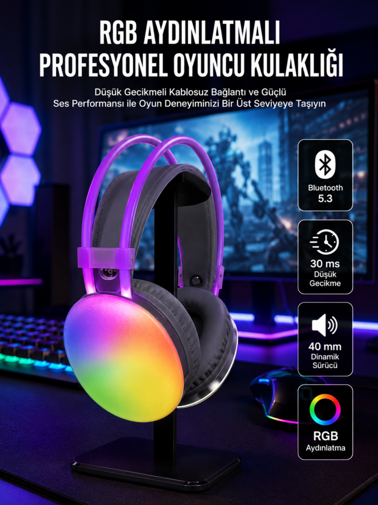 RGB Işıklı Yüksek Ses Kaliteli Kablosuz Kulak Üstü Bluetooth Kulaklık