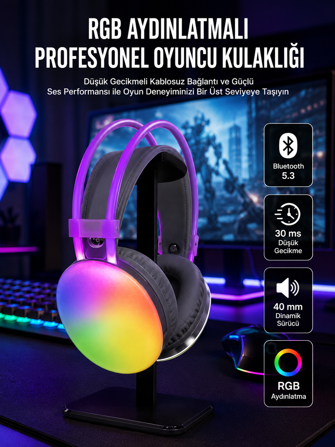 RGB Işıklı Yüksek Ses Kaliteli Kablosuz Kulak Üstü Bluetooth Kulaklık