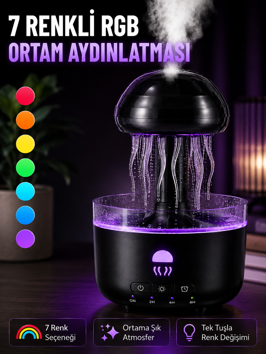 Dekoratif Denizanası Efektli Hava Nemlendirici RGB Gece Lambalı Ultrasonik Buhar Cihazı