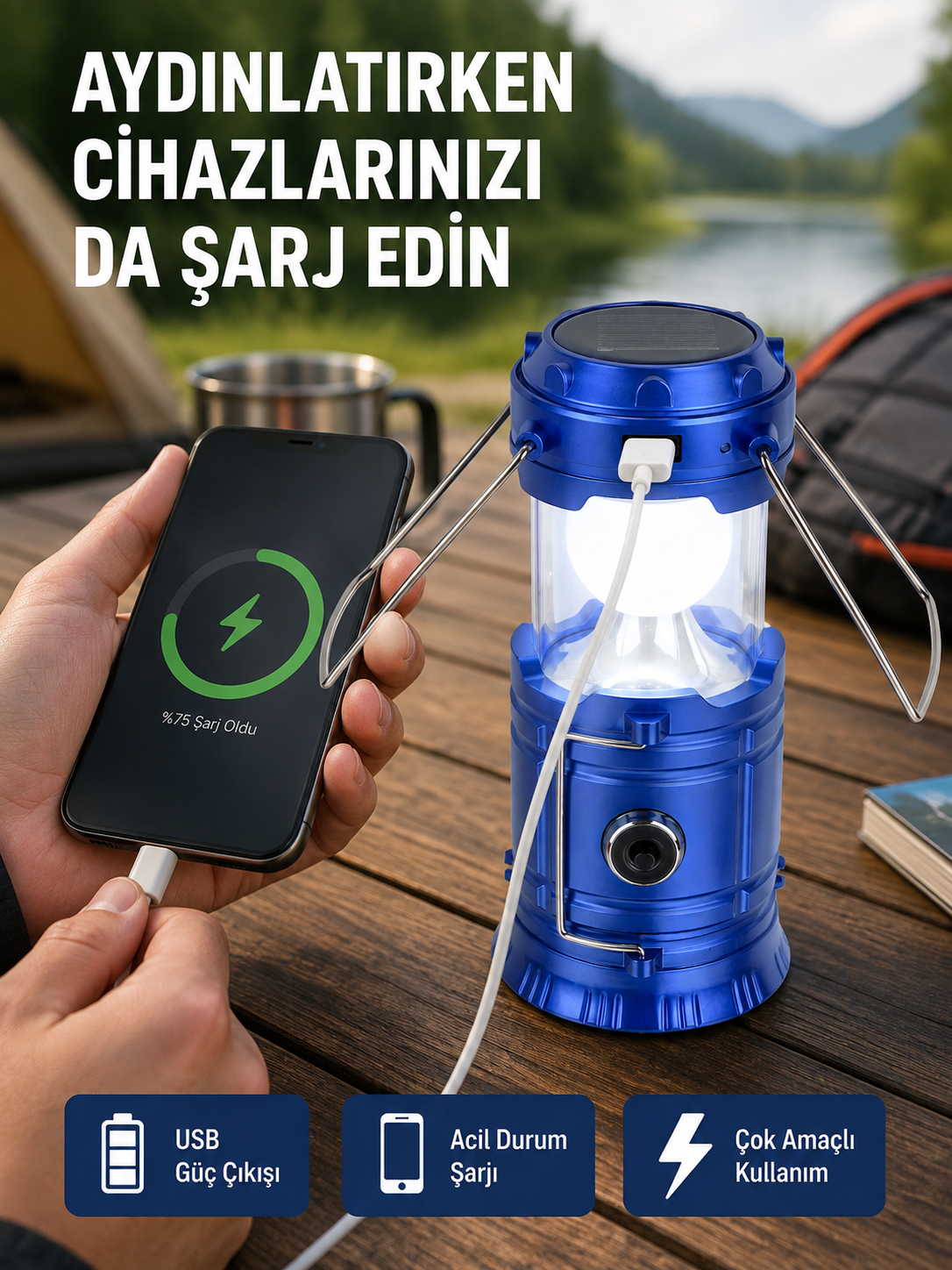 Güneş Enerjili Katlanabilir Kamp Feneri – USB Şarjlı, Hafif ve Çok Fonksiyonlu