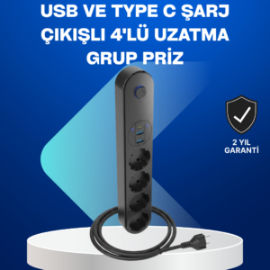 Akıllı Akım Dengelemeli 4’lü Çoklu Priz Type-C ve USB Çıkışlı