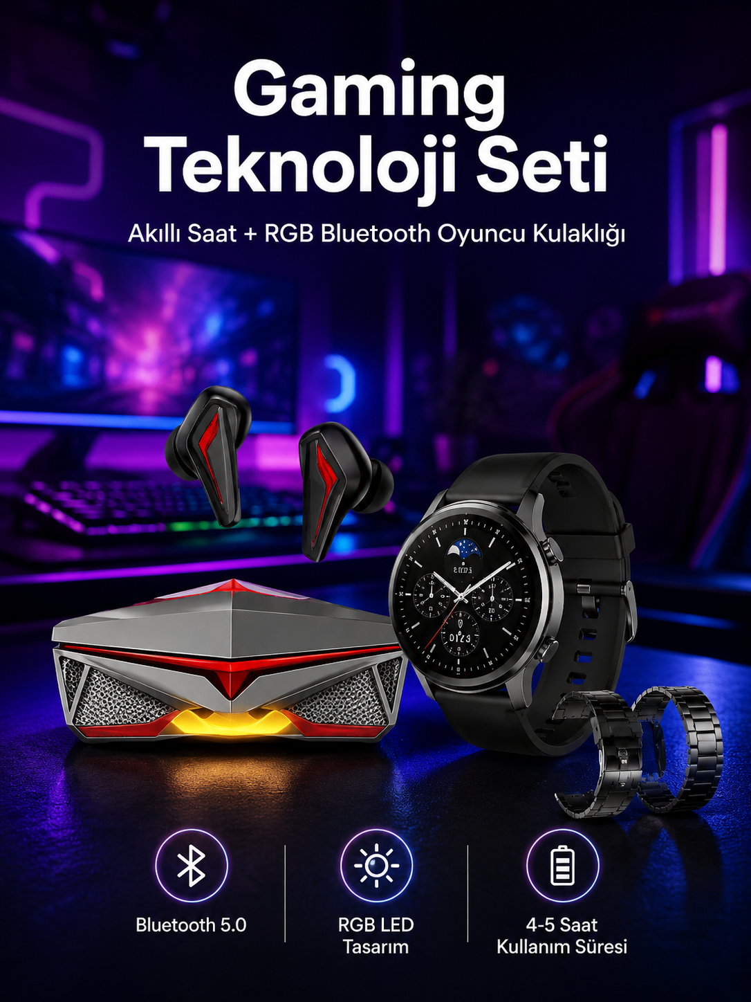 ANC Özellikli Bluetooth Kulaklık ve Amoled Ekran Akıllı Saat Uyku ve Sağlık Takibi Nabız Ölçer