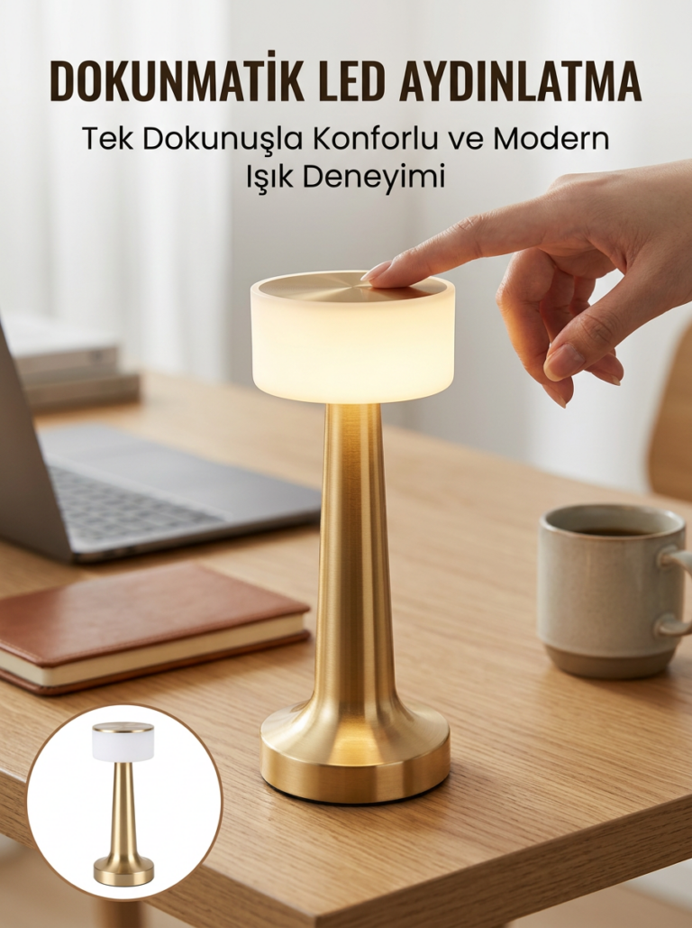 Kablosuz Renkli Masa ve Gece Lambası Altın Rengi Dokunmatik Led Lamba Yeni Nesil