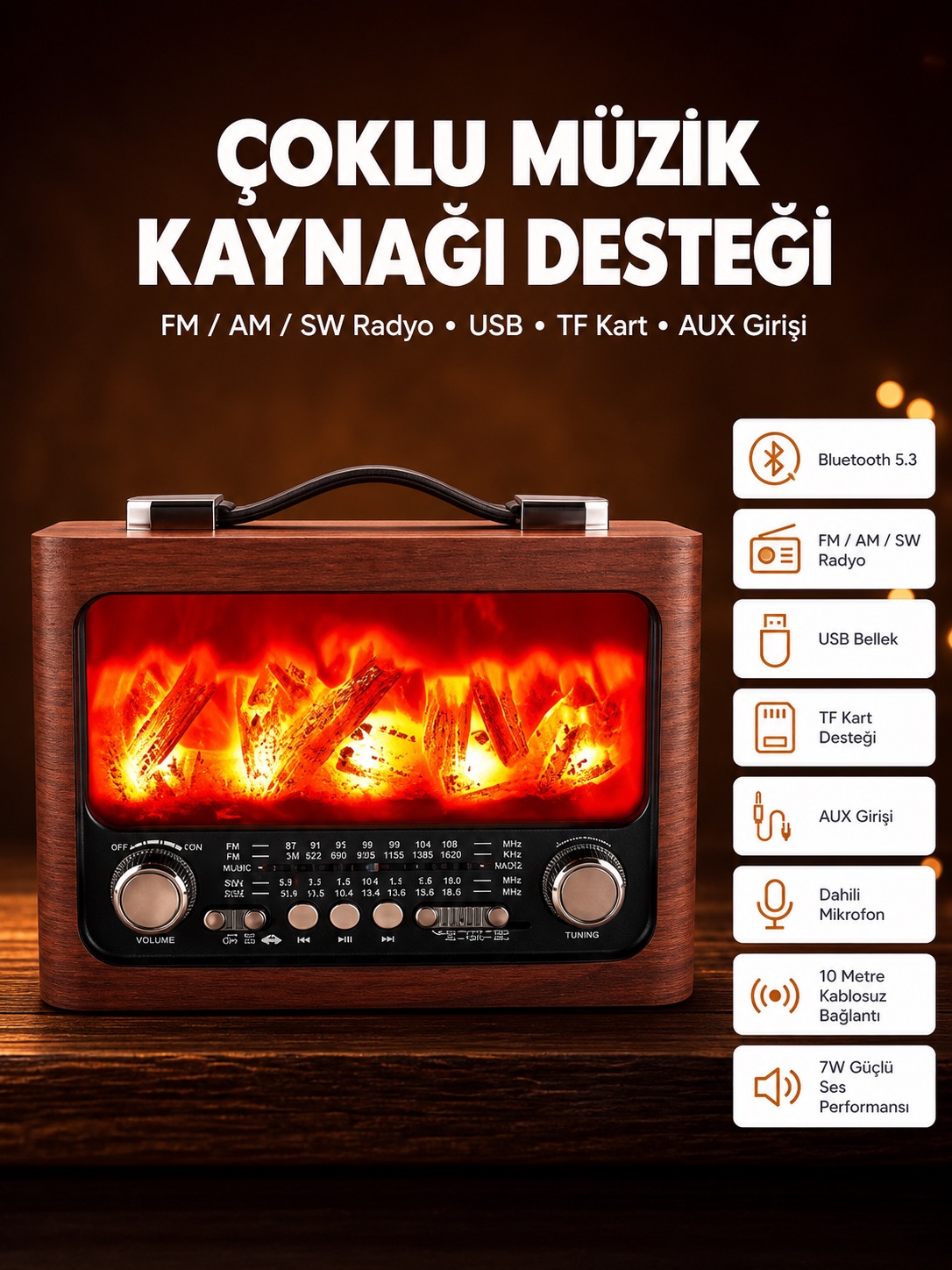 Solar Panelli Alev Işıklı Bluetooth Hoparlör – Çoklu Giriş, Uzun Pil Ömrü