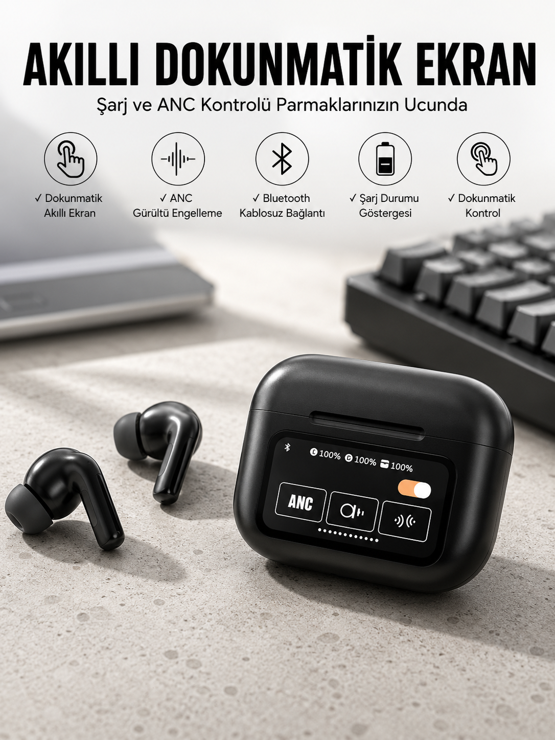 Kablosuz Bluetooth Kulaklık Ekranlı Uzun Şarj Süreli ANC Destekli