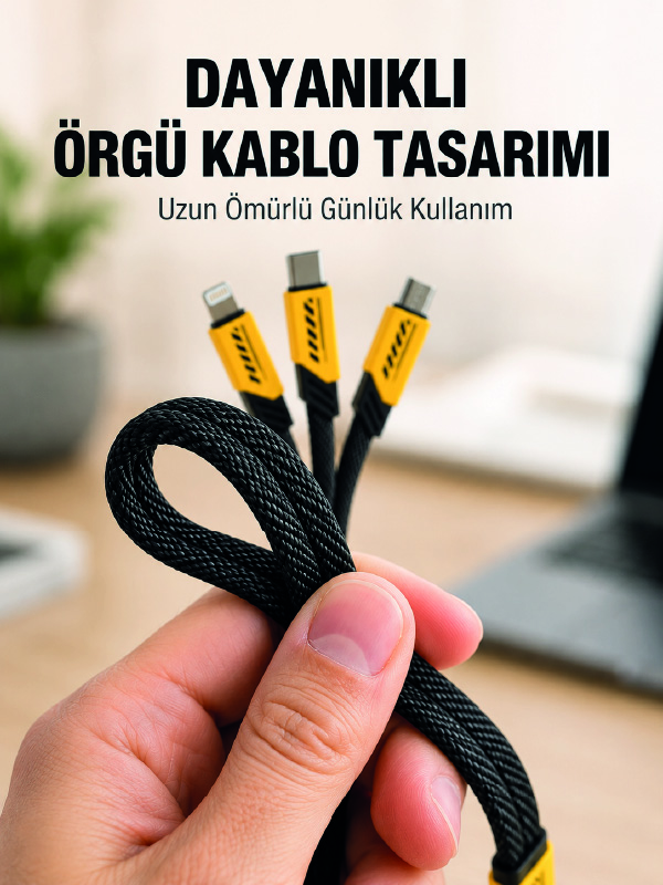 USB 3'ü 1 Arada Şarj Kablosu 240W PD Destekli Çoklu Şarj Kablosu