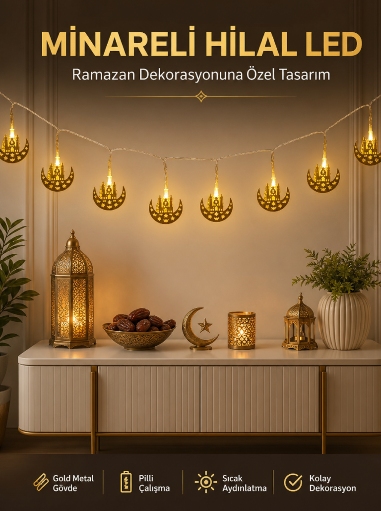 Dekoratif Minareli Hilal LED Işık Metal Gövdeli Ramazan Aydınlatma