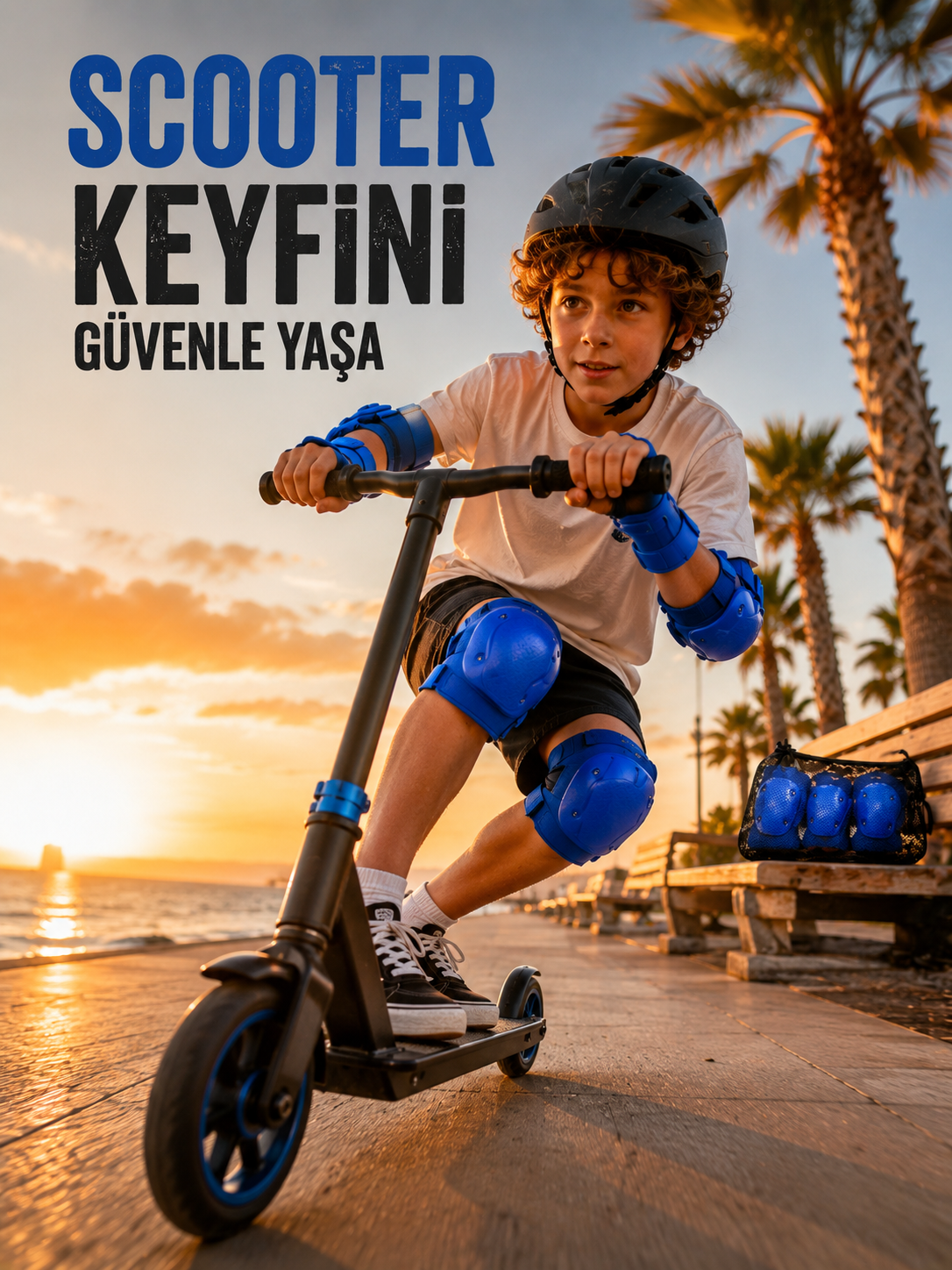 2'li Mavi Çocuk Koruyucu Spor Seti Dizlik Dirseklik El Bilek Koruyucu
