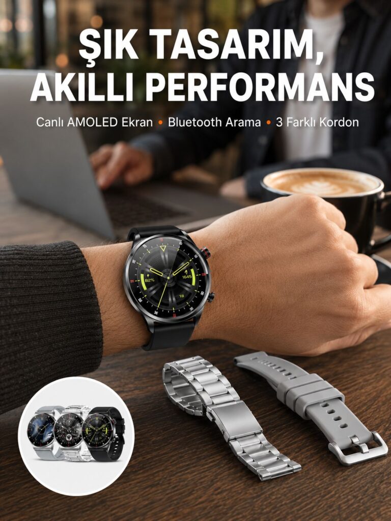 Akıllı Saat Çoklu Kordon Seçeneği Amoled Ekran Çok Fonksiyonlu Bluetooth Bağlantılı Yeni Nesil