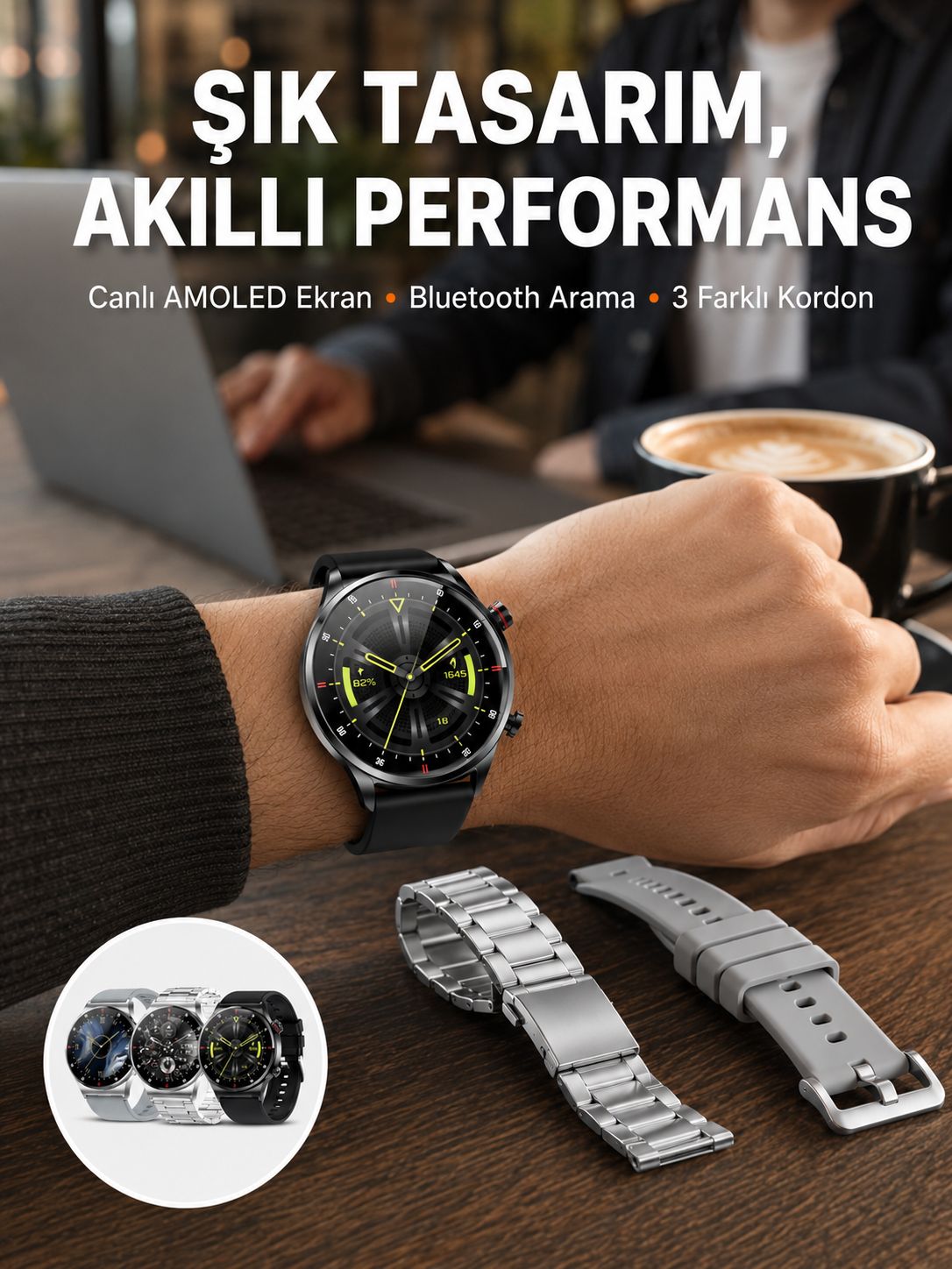Akıllı Saat Çoklu Kordon Seçeneği Amoled Ekran Çok Fonksiyonlu Bluetooth Bağlantılı Yeni Nesil