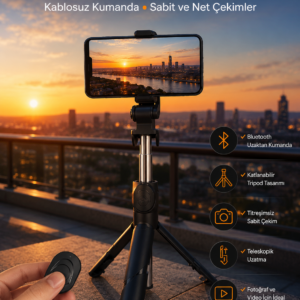 Selfie Çubuğu Tripod Kumandalı Telefon Tutucu Siyah