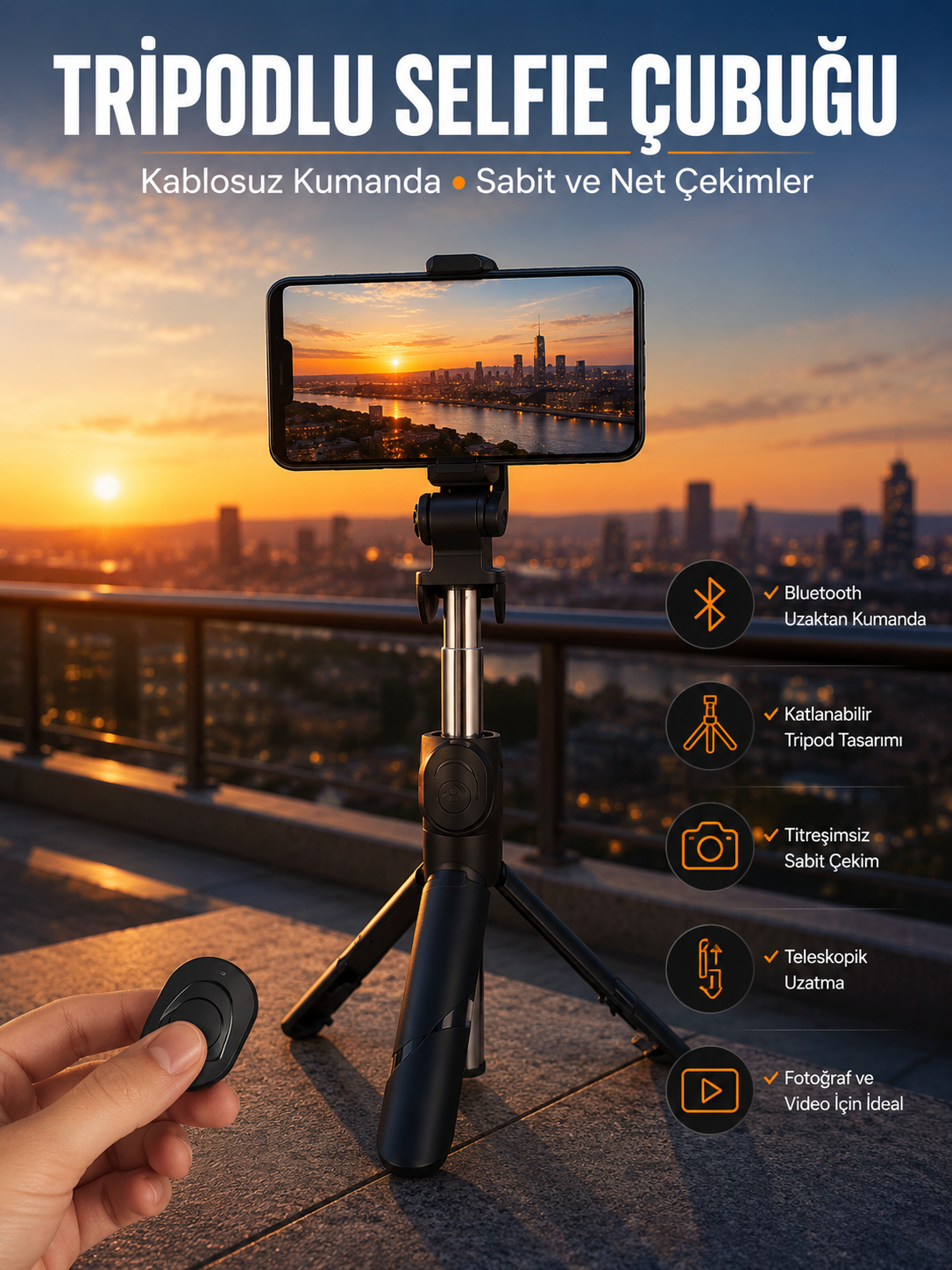Selfie Çubuğu Tripod Kumandalı Telefon Tutucu Siyah