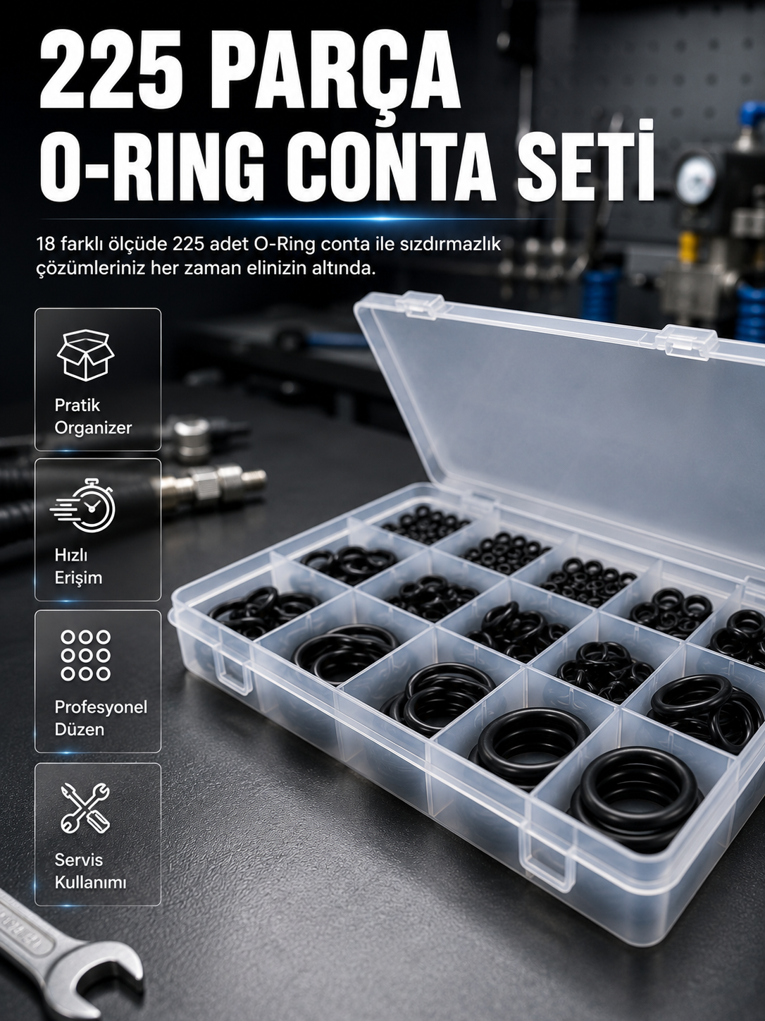 225 Parça O-Ring Conta Seti 18 Farklı Ölçü Kauçuk Sızdırmazlık Conta Organizer Kutulu