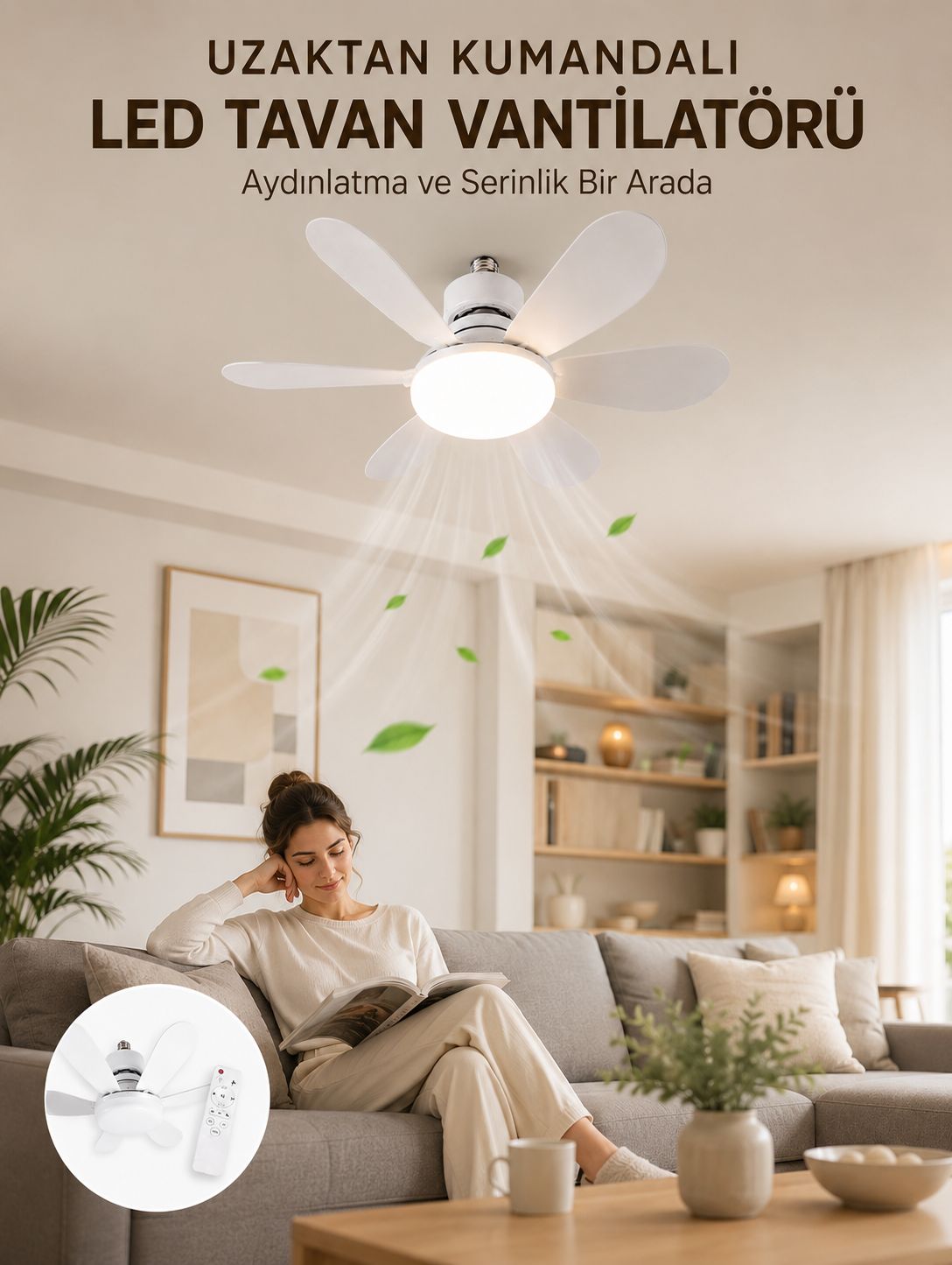 Yüksek Aydınlatma Performansına Sahip LED Tavan Fanı Sessiz Çalışma Güçlü Esinti ve Uzaktan Kumanda Kontrolü