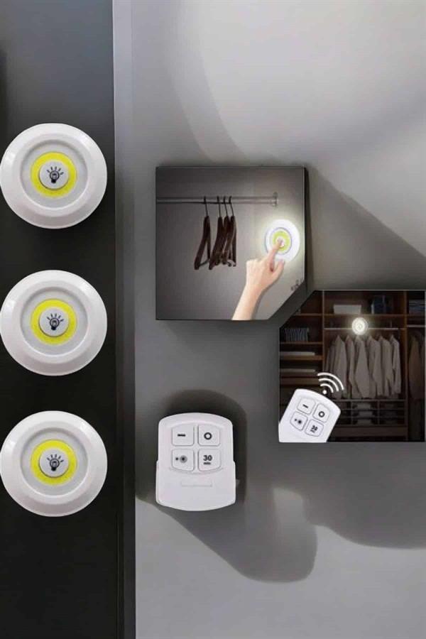 Spot Lamba Led Işık 3'lü Uzaktan Kumandalı Pilli Yapışkanlı Kablosuz Yeni Nesil