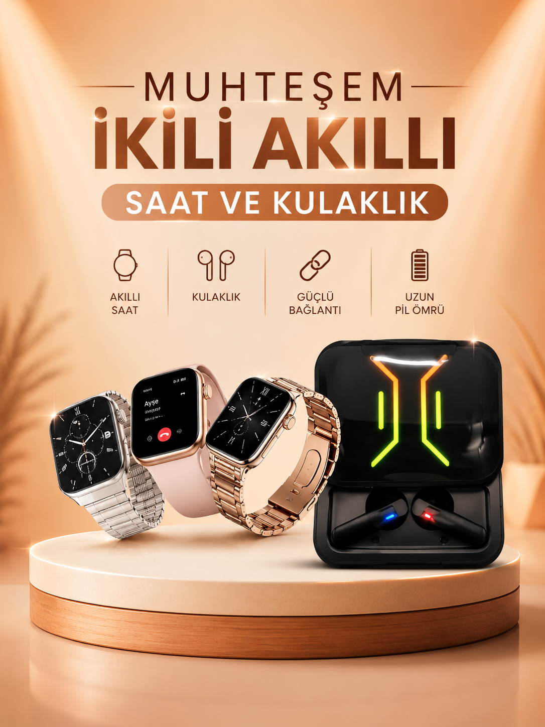 Wireless Şarjlı Akıllı Saat ve Dijital Göstergeli Kablosuz Bluetooth Kulaklık Nabız Ölçer