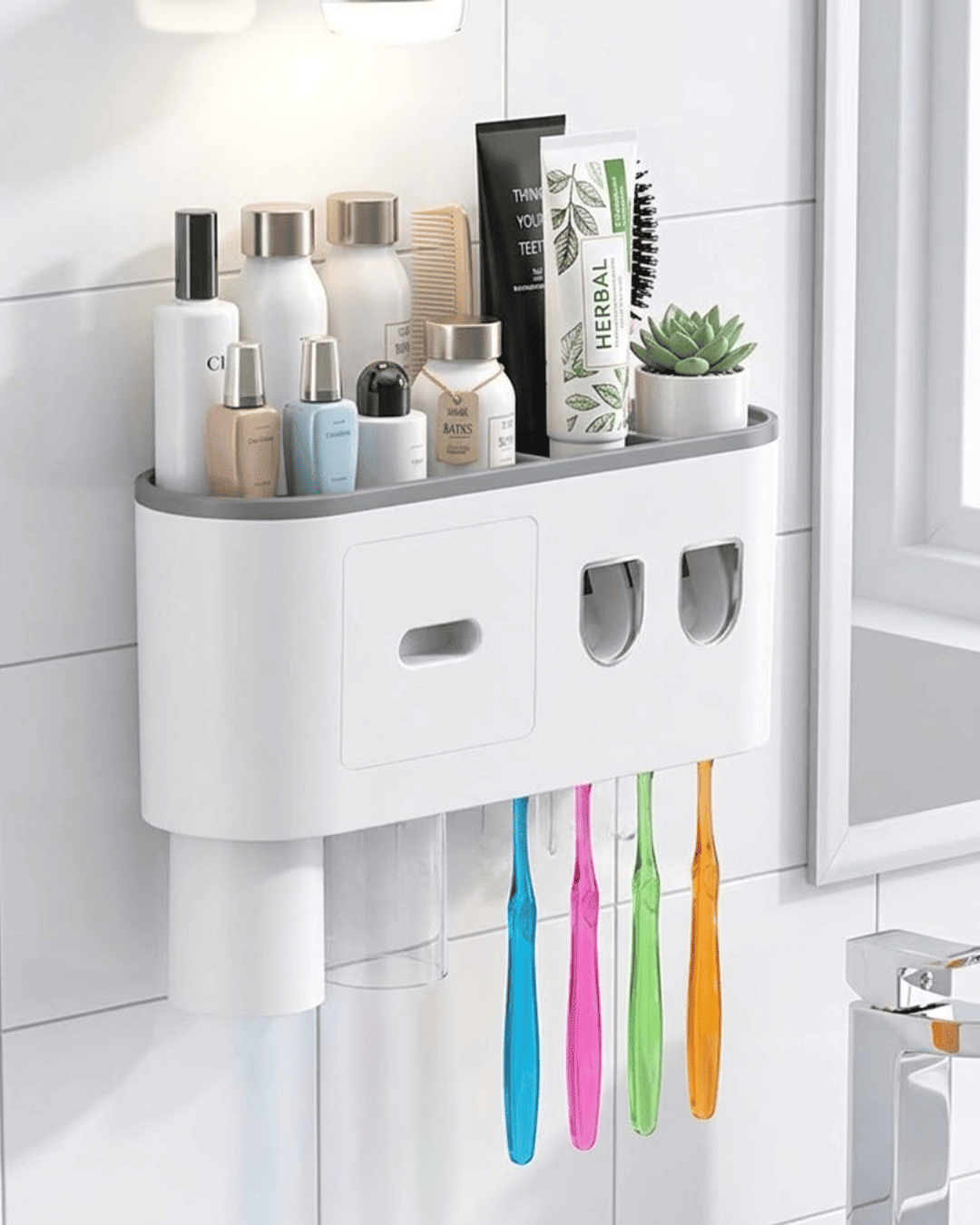 Banyo Organizer Diş Fırçası Tutucu Çift Dispenserli Raflı Çekmeceli