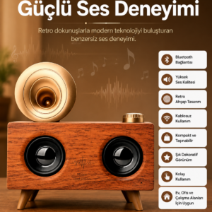 Bluetooth Nostalji Speaker Radyo Gramofon Ahşap Renk Vintage