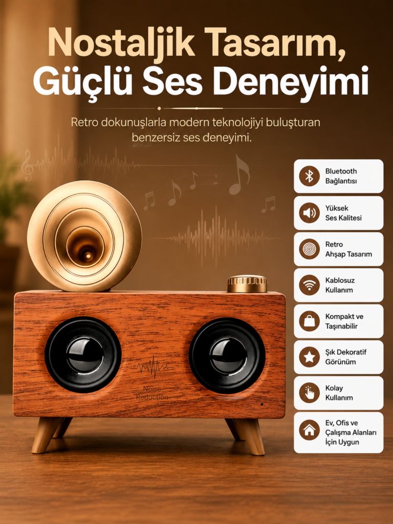 Bluetooth Nostalji Speaker Radyo Gramofon Ahşap Renk Vintage