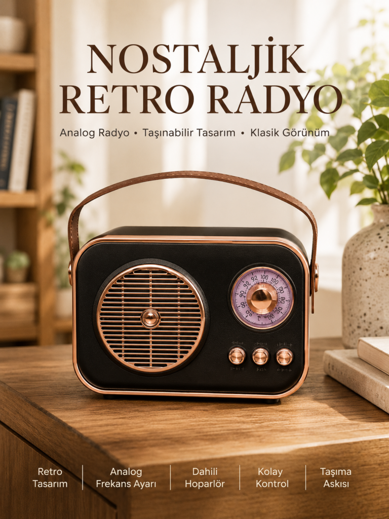Retro Tarz Kablosuz Radyo – Bluetooth, USB ve TF Kart Girişli