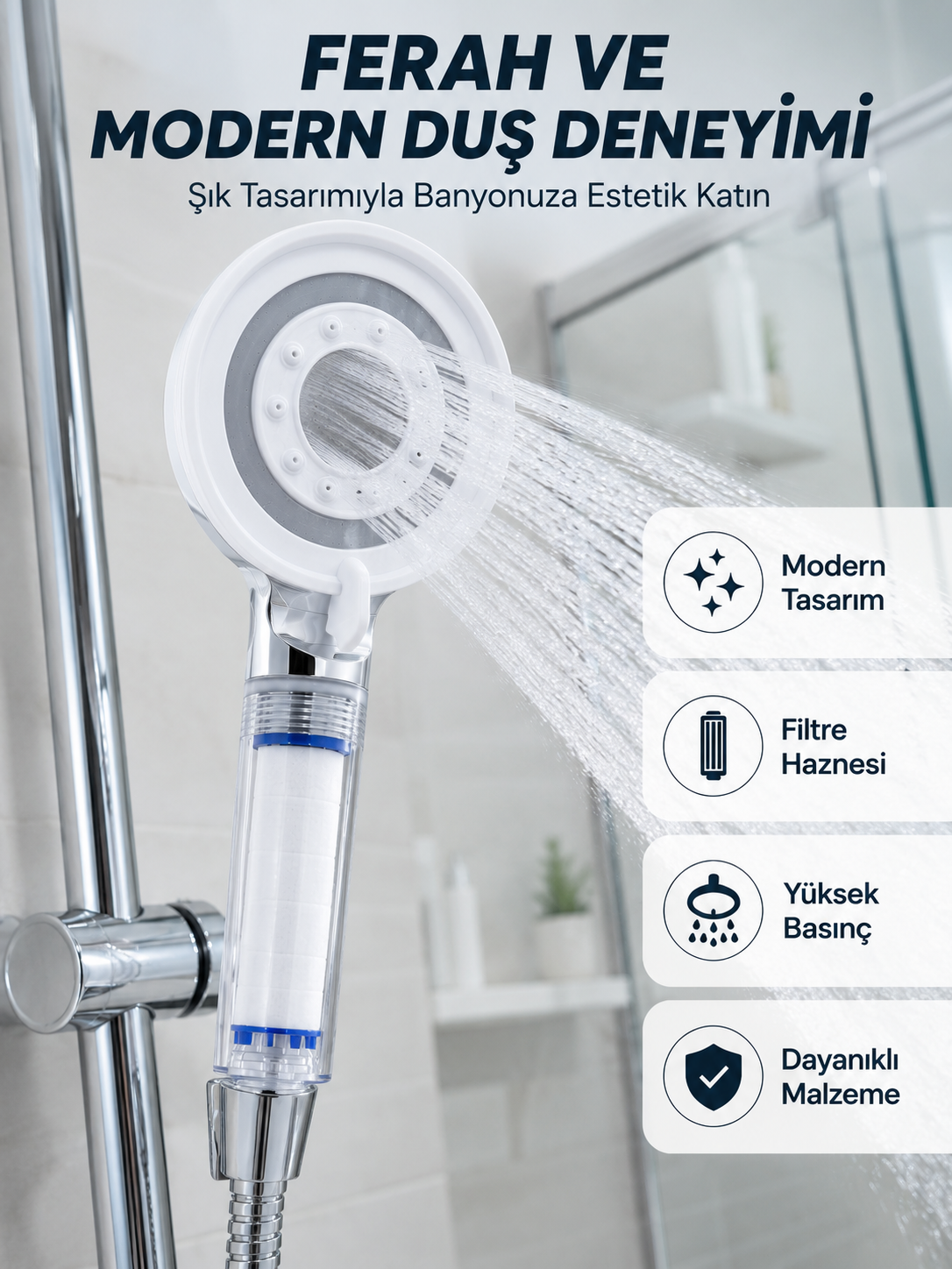 Mineral Taşlı Filtreli Duş Başlığı Güçlü Su Basınçlı Banyo Başlığı