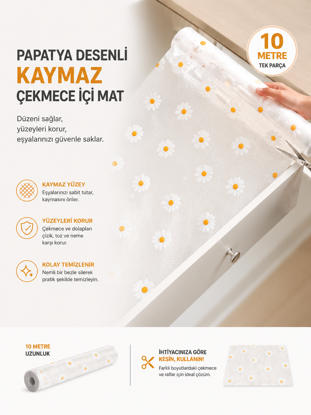 Papatya Desenli Kaymaz Dolap Ve Çekmece İçi Mat 10 Metre