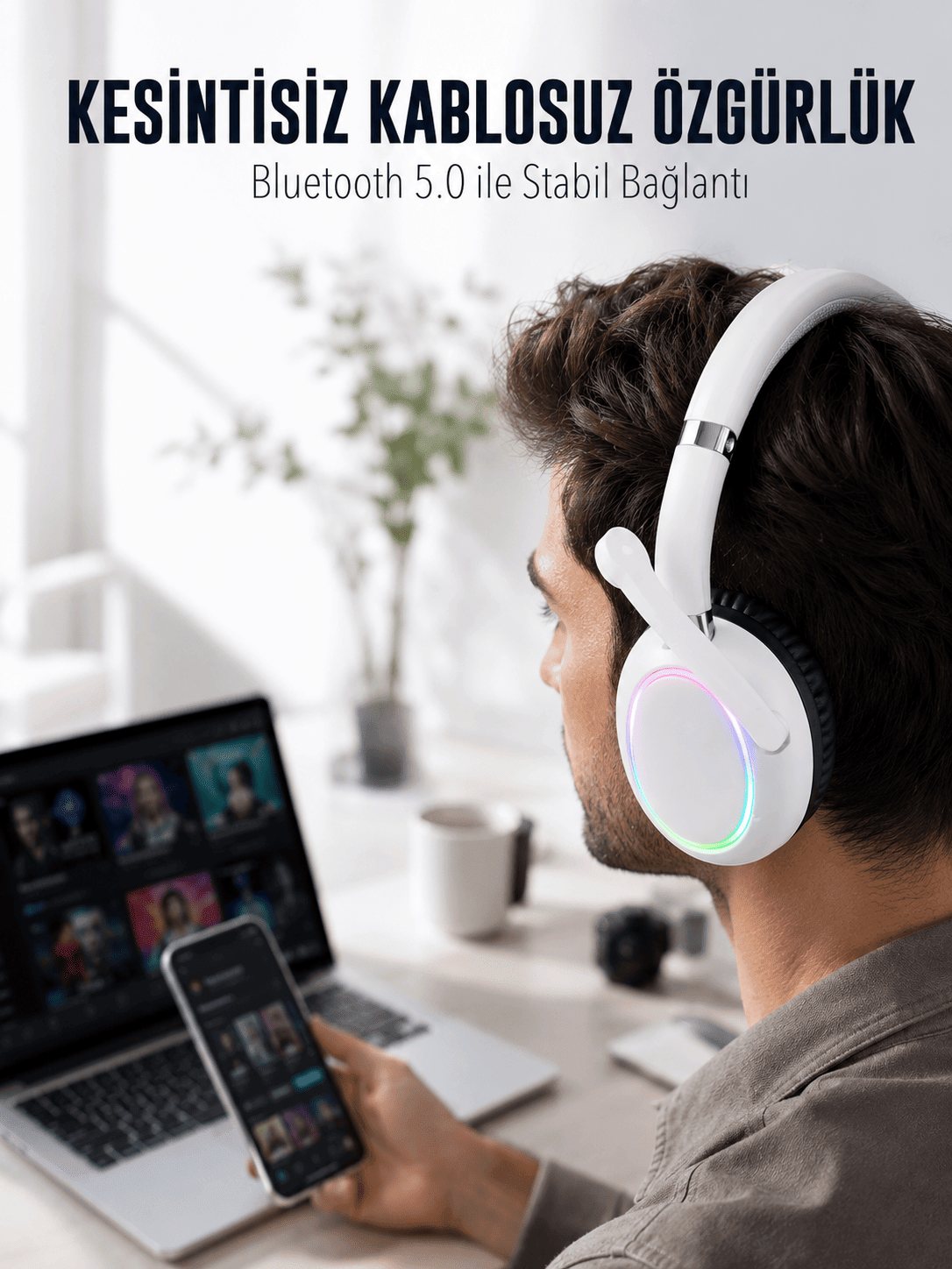 RGB Işıklı Mikrofonlu Bluetooth Kulaklık Beyaz Over-Ear Tasarım Type-C Şarjlı