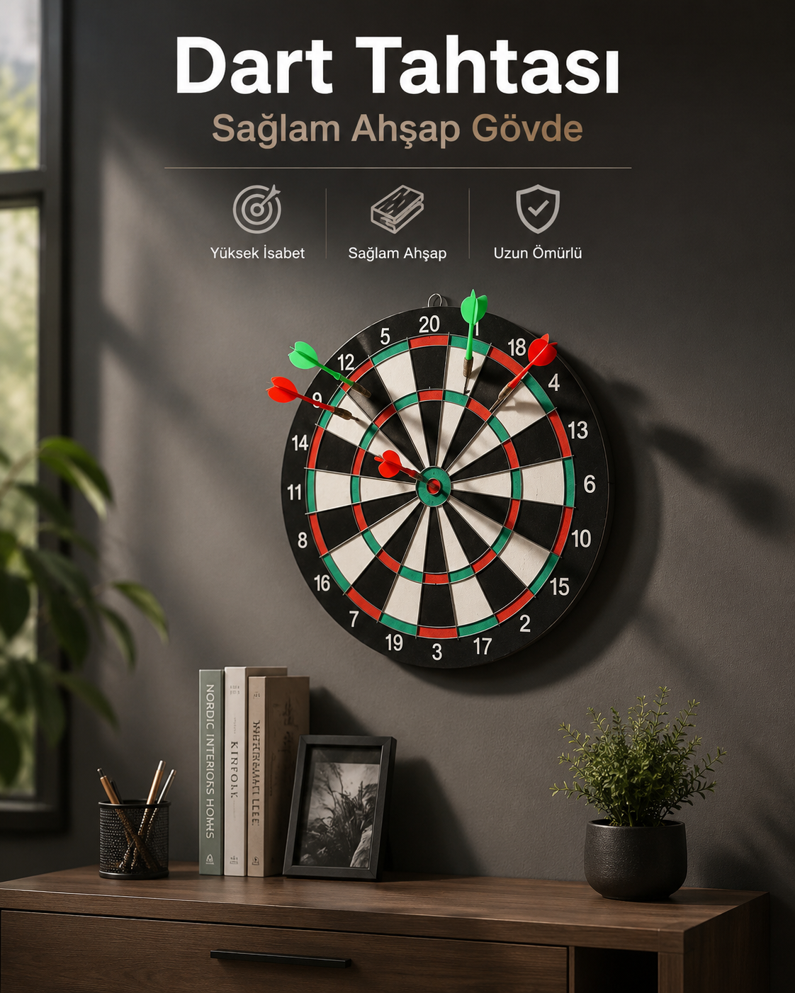 Duvara Monte Sağlam Ahşap Gövdeli Dart Tahtası Ev ve Oyun Alanları İçin 17 İnç